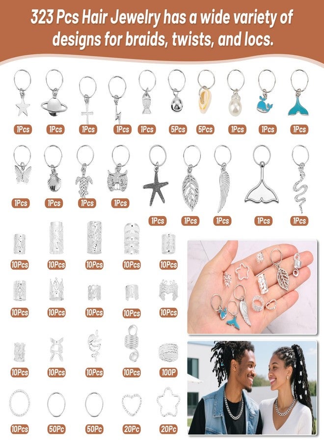 Jollidecor 323 Pcs Silver Hair Jewelry for Braids, Dreadlocks, Twists and Locs, Adjustable Cuffs Rings and Charms Beads Accessories for Women Men, Perfect for Parties, Weddings, Festivals and Daily Wear - Image 2